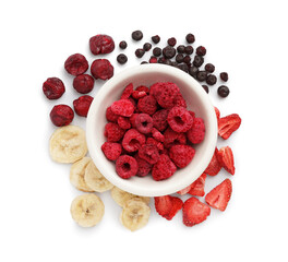 Composition with tasty freeze-dried fruits on white background