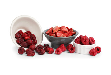 Bowls with tasty freeze-dried fruits isolated on white background