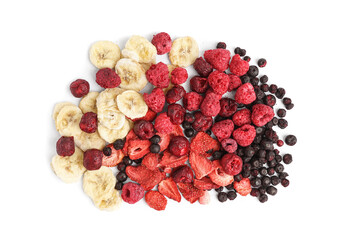 Heap of different freeze-dried fruits on white background