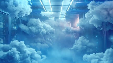 3D Rendering of Cloud Computing in a Modern Data Center with a Blue Background. Innovative Digital Technology and Big Data Integration Showcased in Server Room Interior Design. 