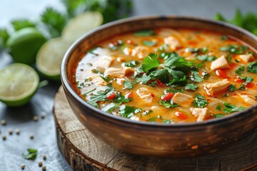 A bowl of yellow chicken soup with rice noodles, limes and coriander on a wooden plate.