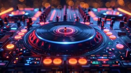 Vibrant 3D digital DJ turntable with neon lights, featuring various controls and glowing buttons. The image emphasizes the dynamic energy and excitement of a party or nightclub atmosphere.