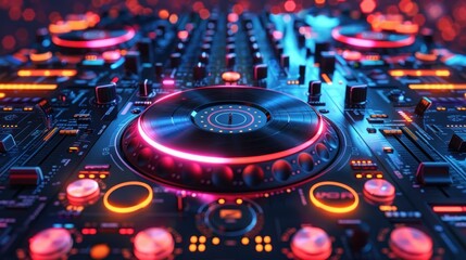 Fototapeta premium A vibrant 3D digital artwork of a DJ turntable illuminated with neon lights and a colorful backdrop, showcasing a high-tech, futuristic design.