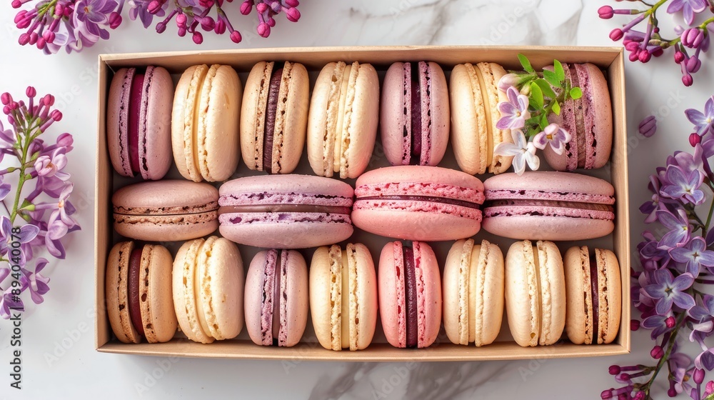 Wall mural Assorted French macarons in a gift box with lilac flowers top view