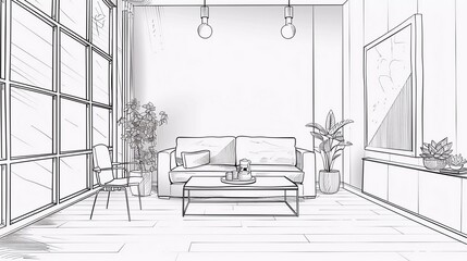 Interior background with modern living room in black and white line sketch style, vector, very beautiful illustration