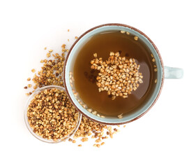 Cup of fresh buckwheat tea on white background
