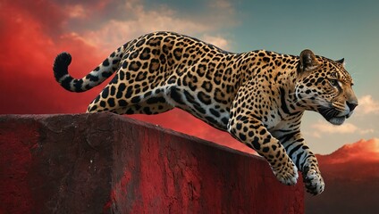 A jaguar leaping over an obstacle against a red smoke and sky background.