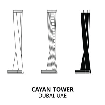 Art & Illustration black and white line art. Cayan Tower  dubai skyscraper UAE silhouette vector image