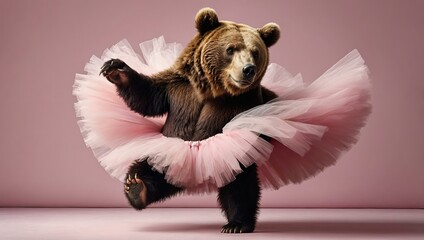 A bear in a tutu performing ballet on a pastel pink background.