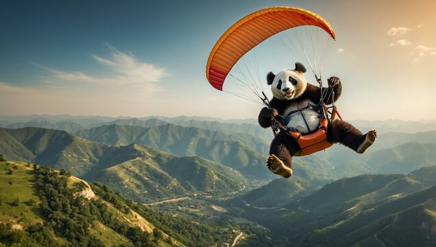 Panda parachuting against the background of sky and light clouds.