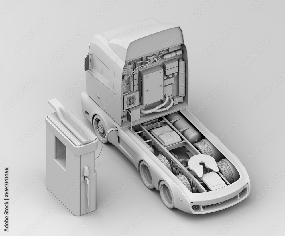 Poster clay rendering of fcv semi truck refueling h2 gas in hydrogen station. isometric view. 3d rendering 