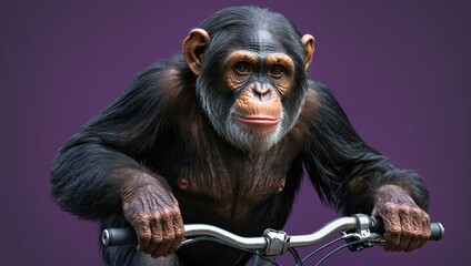 A chimpanzee riding a bicycle on a purple background.