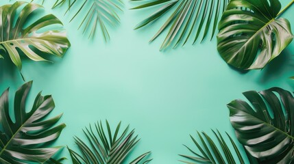 Naklejka premium Tropical palm leaves on mint background Summer theme Top view with empty space
