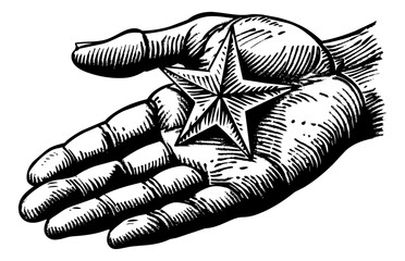 hand star engraving black and white outline