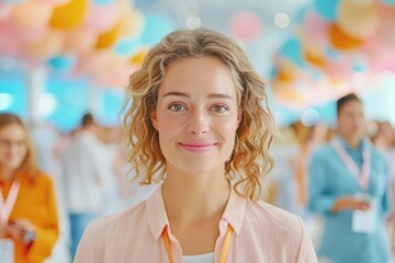 A professional business conference with attendees networking and attending presentations The conference hall is large and modern