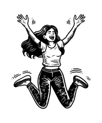 girl jump happy engraving black and white outline