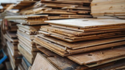 Fototapeta premium Light wood sheets piled up. Wood sheets in furniture making. Supplies for carpenters in furniture construction.