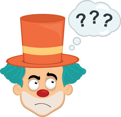 vector illustration face character clown cartoon, with a doubtful or thinking expression and a thought cloud with question marks