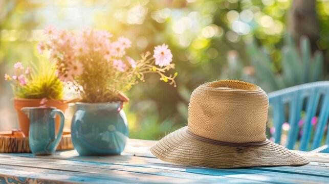 Straw hat on table with summery setting