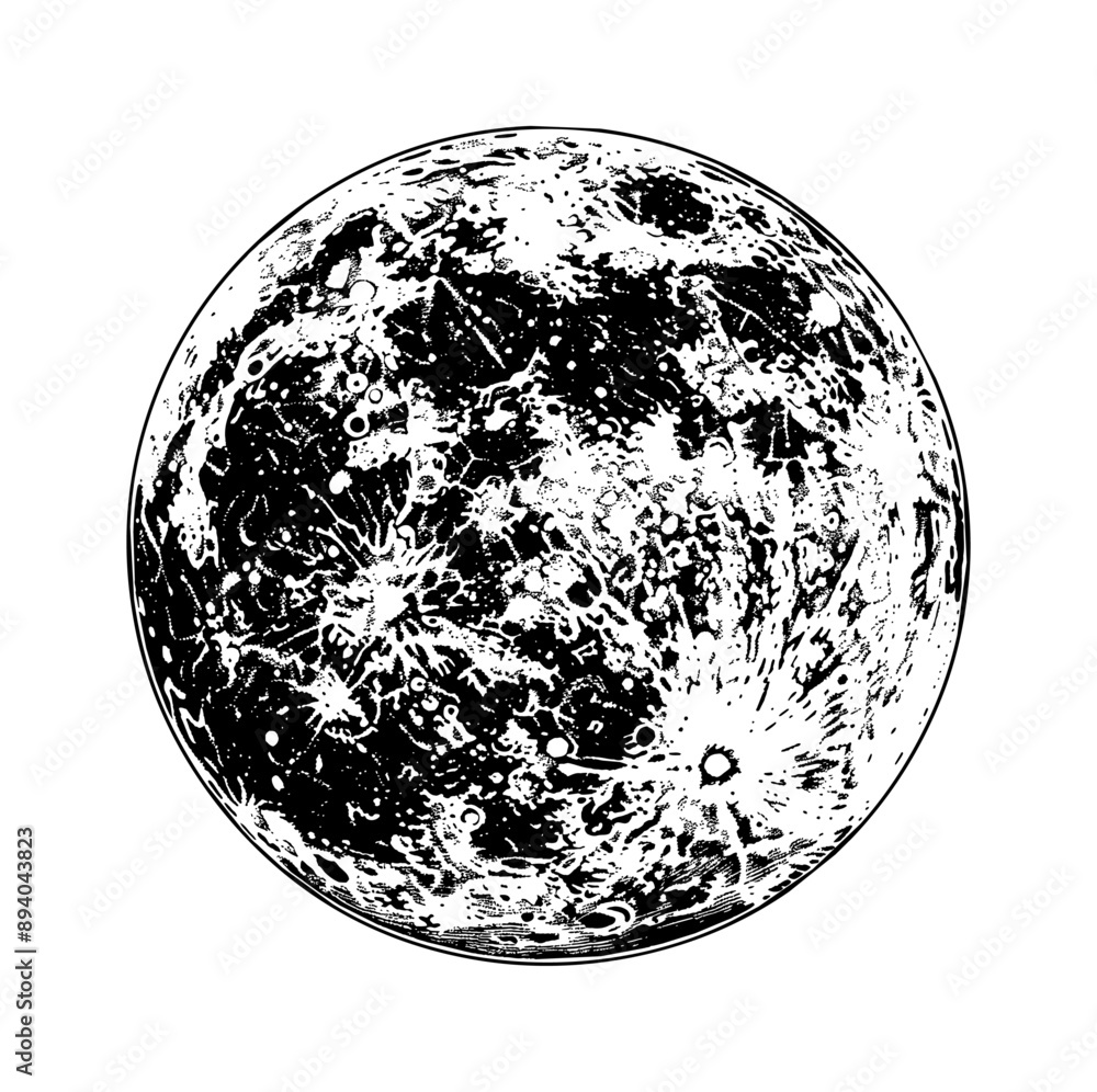 Wall mural full moon engraving black and white outline