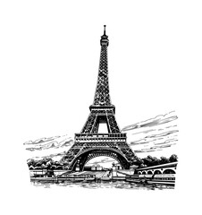 eiffel tower engraving black and white outline