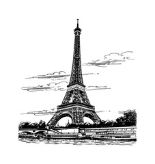 eiffel tower engraving black and white outline