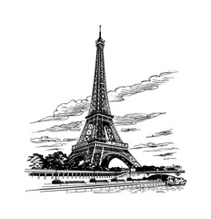 eiffel tower engraving black and white outline