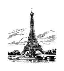 eiffel tower engraving black and white outline