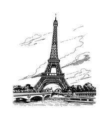 eiffel tower engraving black and white outline