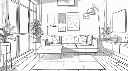 
Interior design with modern living room in black line sketch on white background, vector, very beautiful illustration