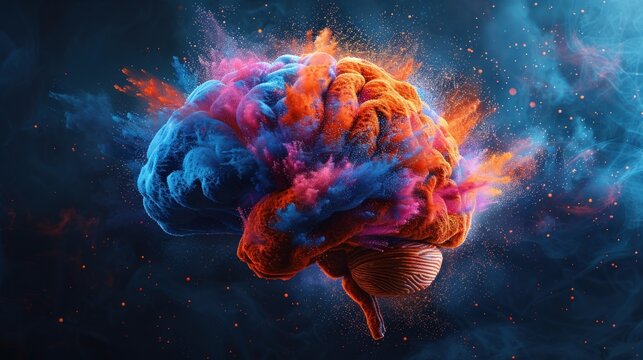 A colorful brain made of powder paint exploding on a black background.