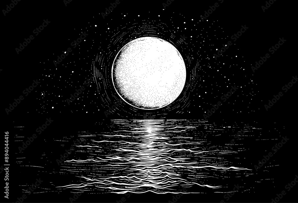 Wall mural full moon sea engraving black and white outline