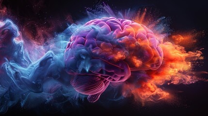 Obraz premium A colorful brain made of powder paint exploding on a black background.