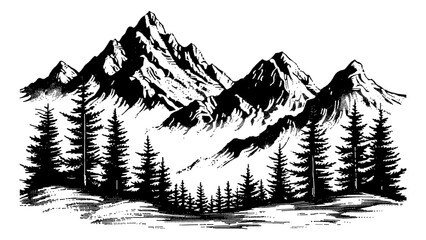 mountain forest engraving black and white outline