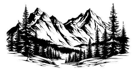 mountain forest engraving black and white outline