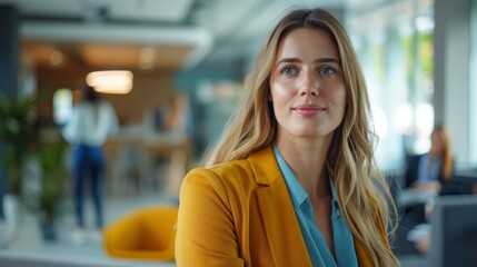 Obraz premium A confident woman in a modern office setting, showcasing professionalism and a warm demeanor perfect for corporate themes.