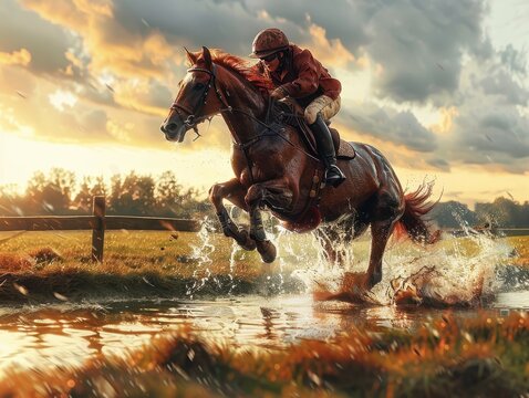 Exciting Steeplechase Horse Race with Horses Leaping over Obstacles on a Lush Green Course