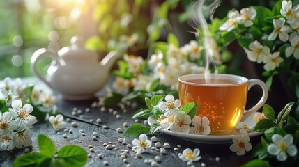 A delicate porcelain cup filled with steaming tea, surrounded by fresh flowers.
