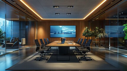 Modern conference room with sleek furniture, ambient lighting, and a large screen, perfect for professional meetings and presentations.