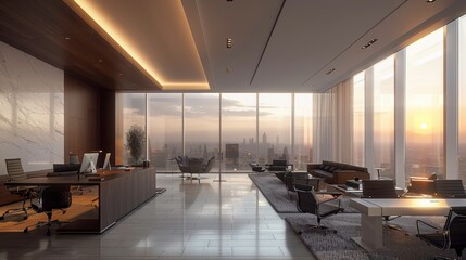 Obraz premium Modern office interior with sleek furniture and large windows showcasing a city skyline at sunset.