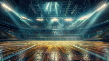 A vacant stadium, basketball court, and sports field with fans and spotlights