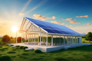 Obraz premium Panel solar energy photovoltaic power roof sun home cell system green house eco industry. Solar energy building panel future electric engineer technology ecology sunset nature station sky light work