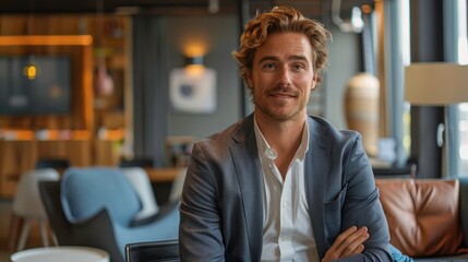 Fototapeta premium A confident man with stylish hair poses in a modern lounge, showcasing a relaxed yet professional demeanor.