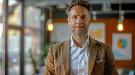 Fototapeta premium A confident man stands in a modern office, showcasing professionalism and modern business style in a vibrant workspace environment.