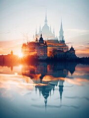 Obraz premium Aspiration and majesty in an ancient castle close up, focus on, copy space Rich and historic colors Double exposure silhouette with grand architecture
