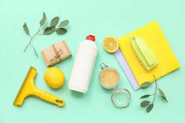 Composition with natural cleaning products, supplies and eucalyptus branches on color background