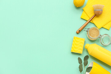 Composition with natural cleaning products and supplies on color background