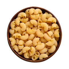 Raw macaroni pasta in wooden bowl, Food ingredient, Top view