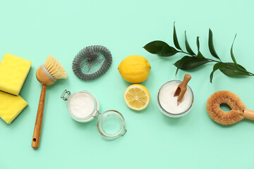 Composition with different natural cleaning products and supplies on color background