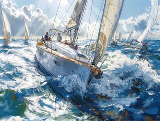 Intense Regatta Action: Competitive Sailing Race with Colorful Boats Racing around Buoys